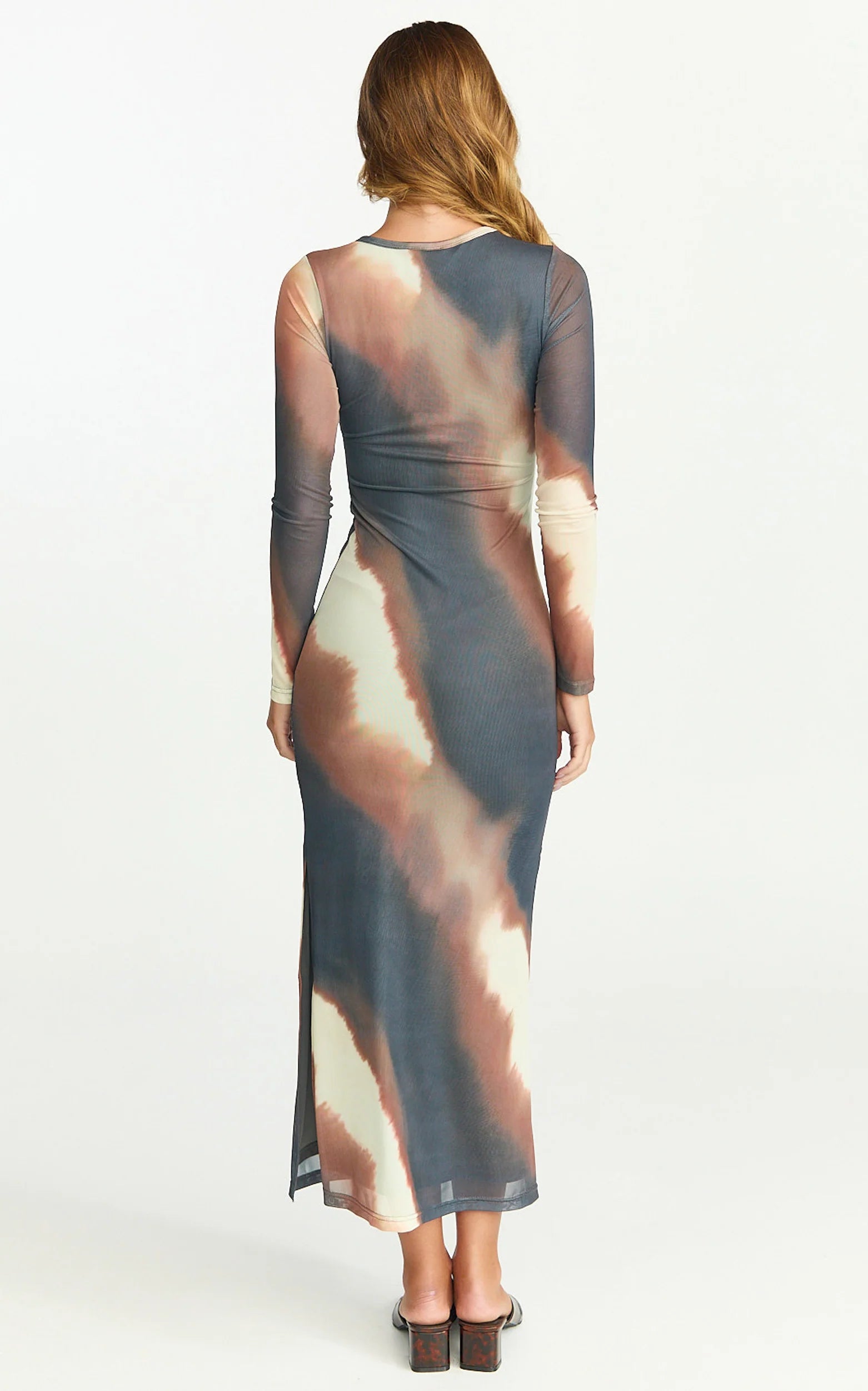 Margot Maxi Dress - High Neck Long Sleeve Mesh Dress in Rust Print