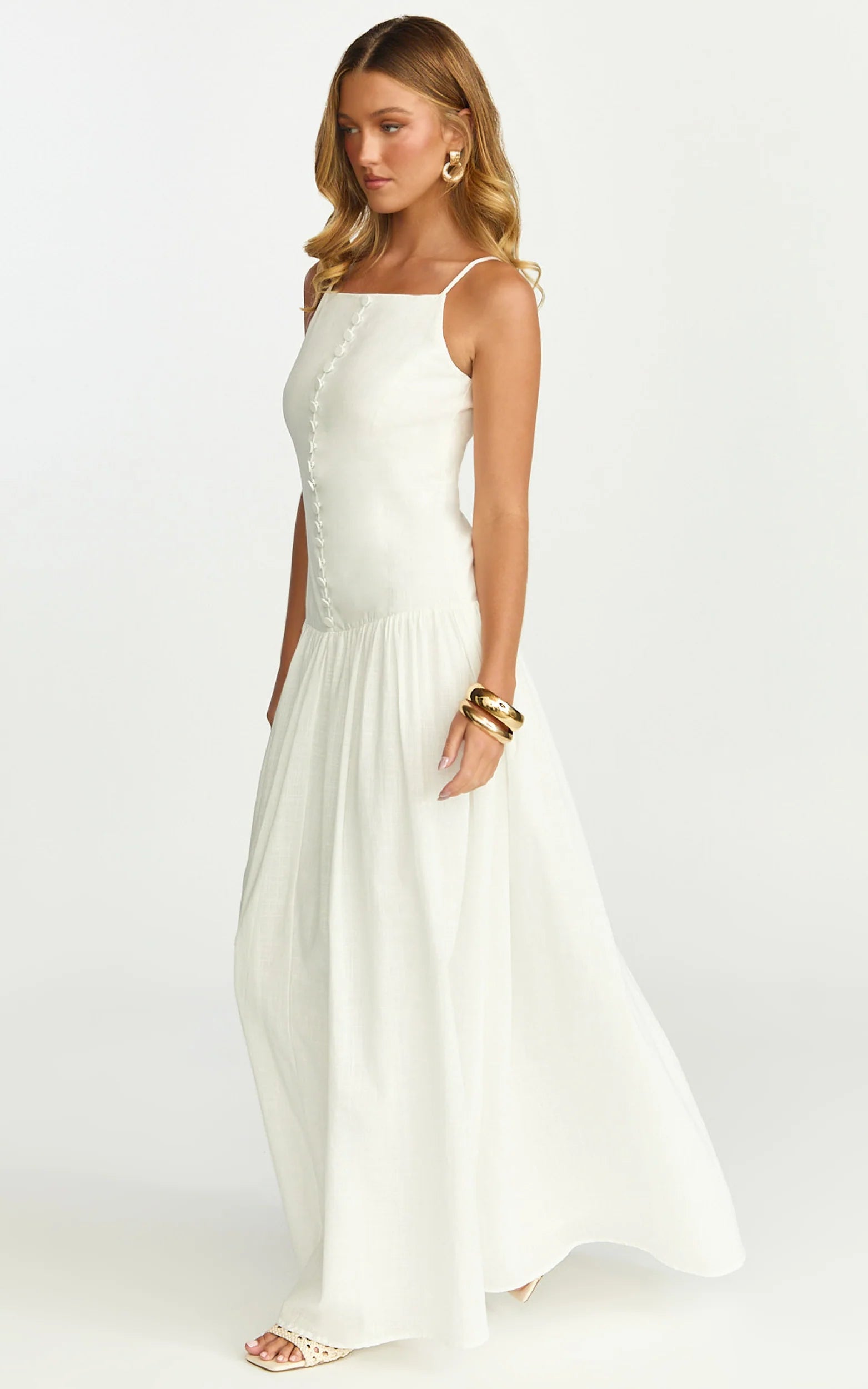 Cortez Maxi Dress - Square Neck Button Down Dropped Waist Dress in White